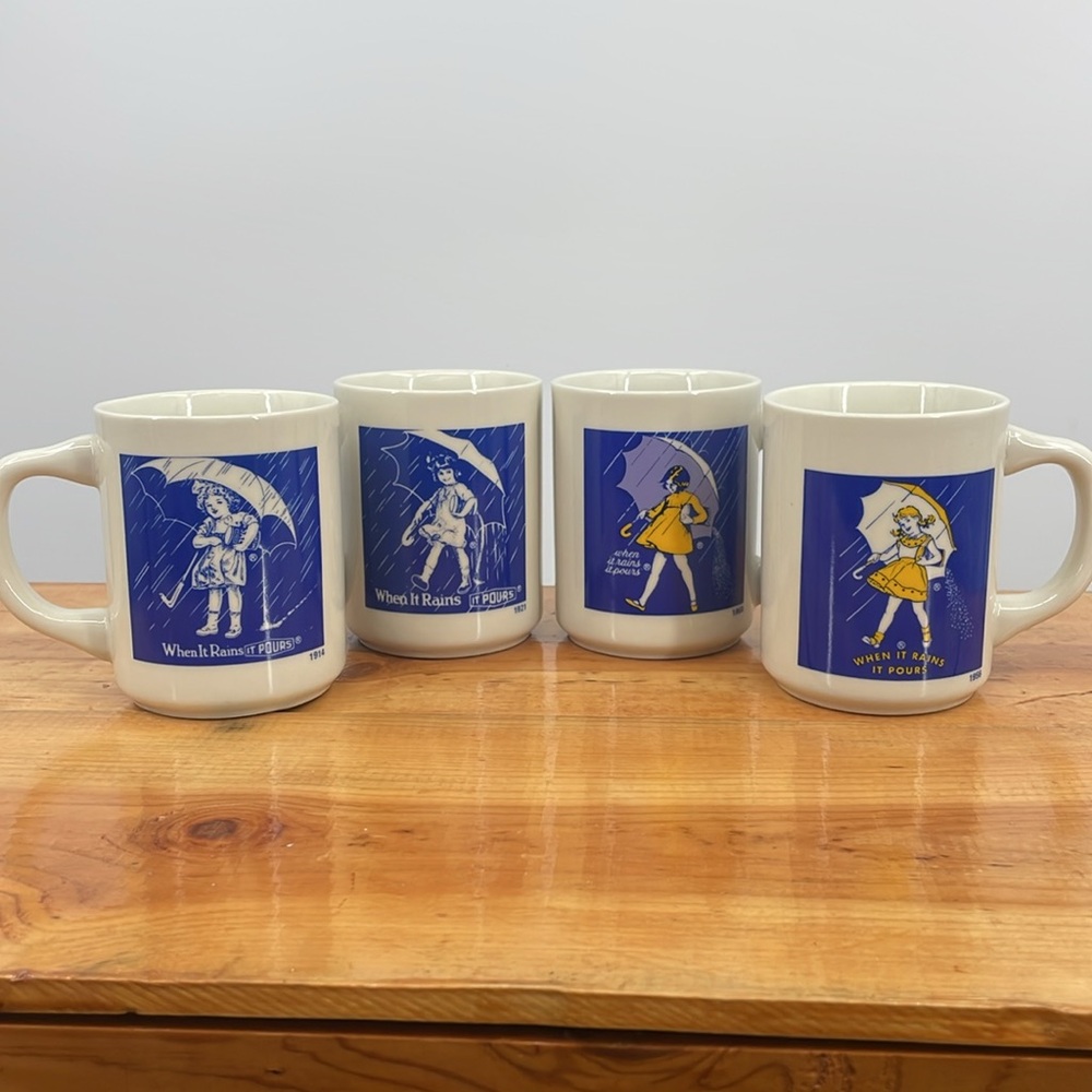 Vintage Morton Salt Girl Mug When It Rains It Pours Collectible Mugs Set of 4